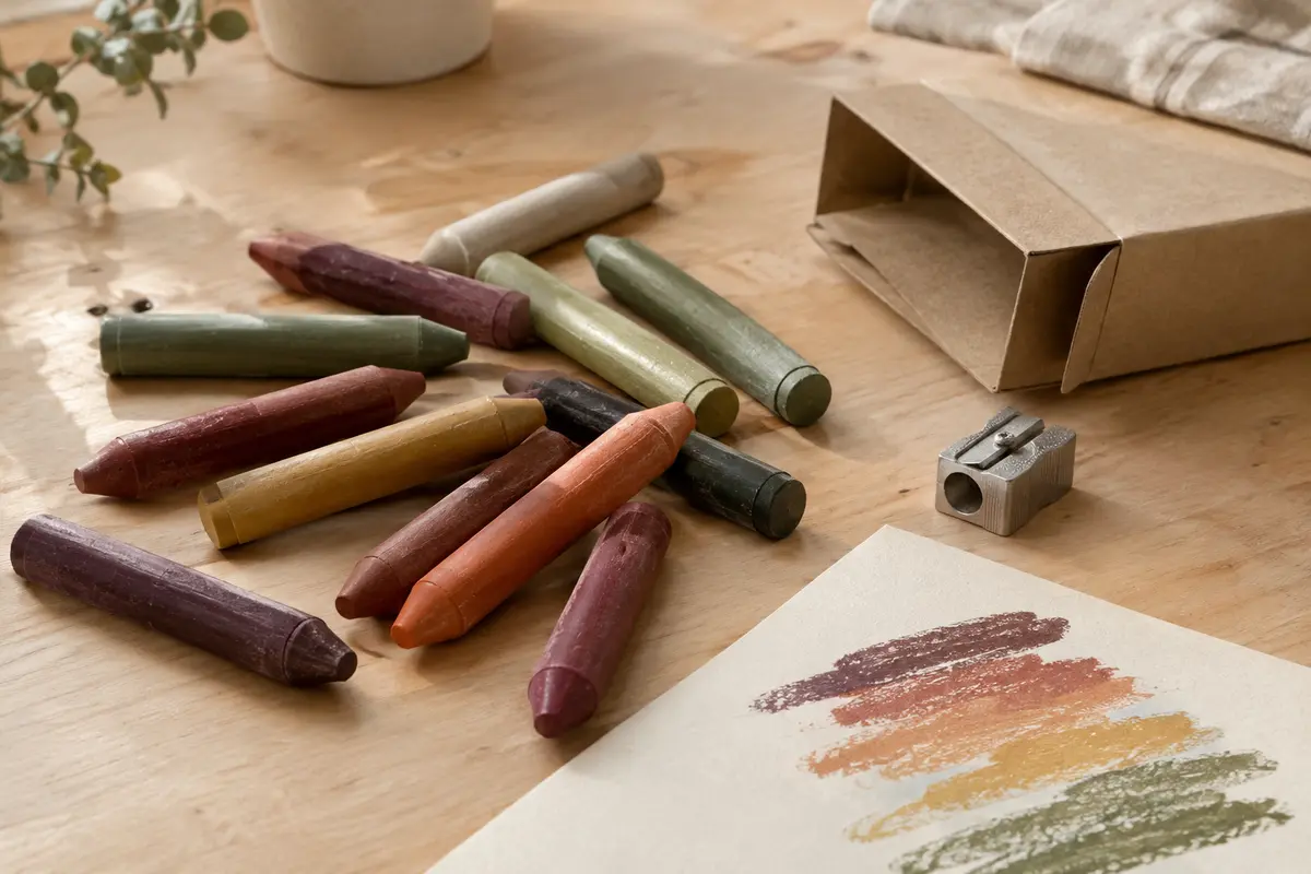 Crayons de cire aux couleurs assorties avec taille-crayon et boîte en carton sur une table d’atelier.