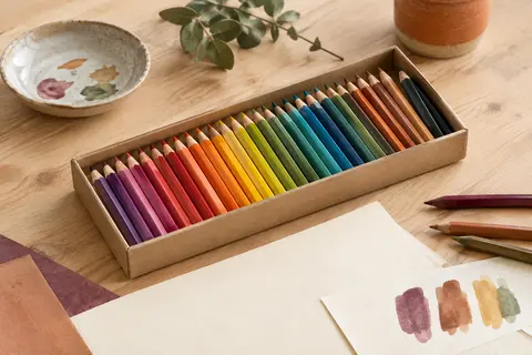 Assortiment de crayons de couleur prétaillés aux teintes vives disposés sur une table d’atelier claire.