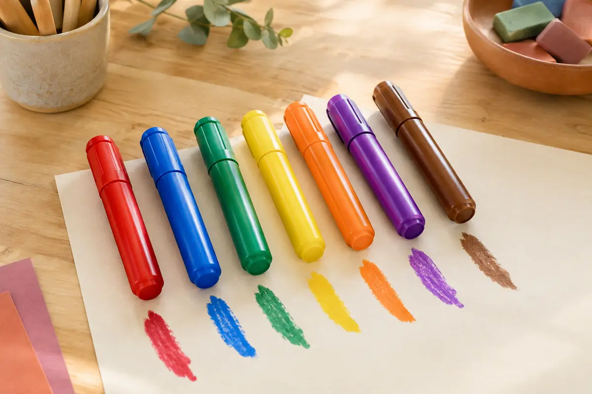 Huit feutres épais à pointe arrondie disposés sur du papier crème, avec leurs traits colorés