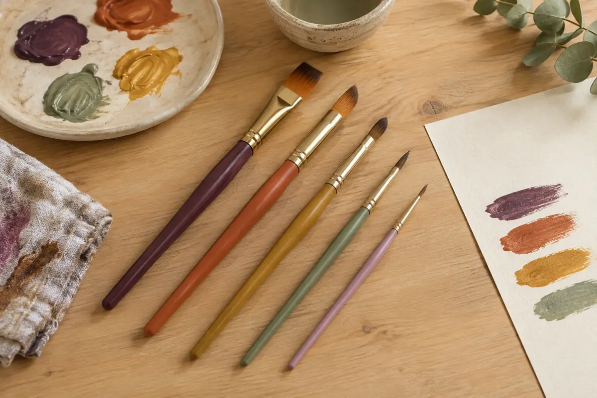 Cinq pinceaux Crayola de tailles différentes, à poils souples, disposés sur une table d’atelier claire.