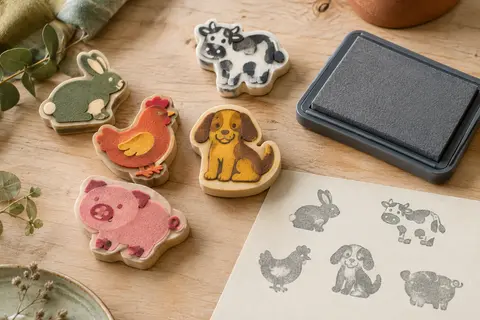 Cinq tampons en mousse aux animaux de la ferme et un encreur gris posés sur une table d’atelier claire.