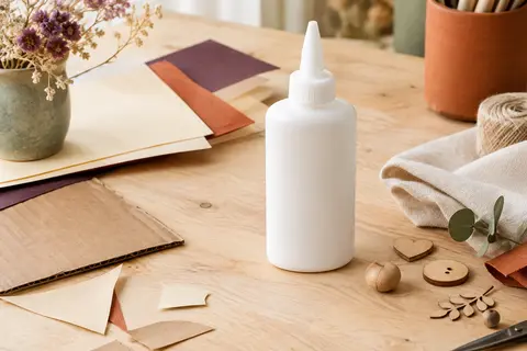 Flacon neutre de colle PVA blanche posé sur une table d’atelier avec du papier, du carton et du bois.