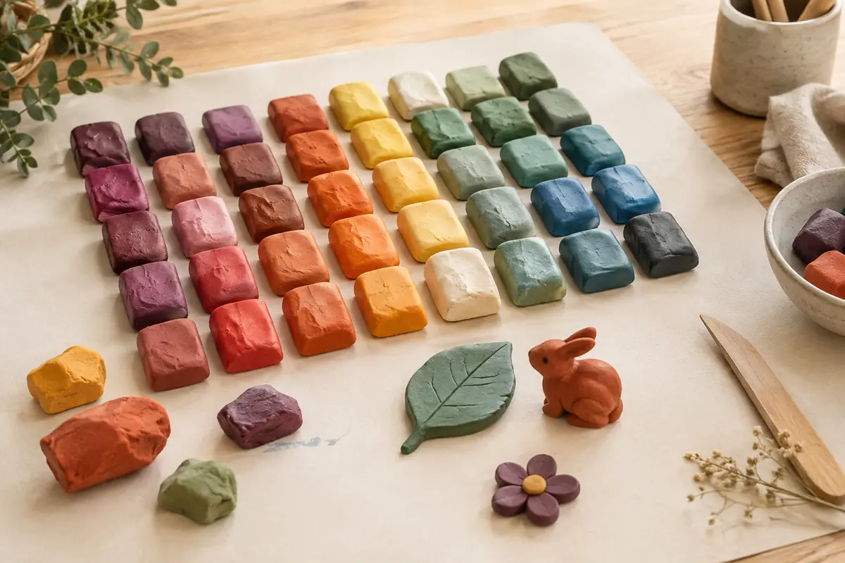 Pâte autodurcissante multicolore disposée sur une table d’atelier avec quelques formes modelées