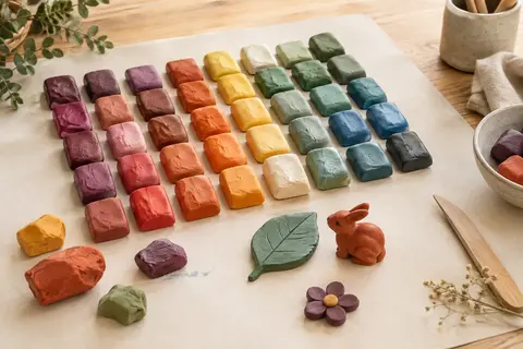 Pâte autodurcissante multicolore disposée sur une table d’atelier avec quelques formes modelées