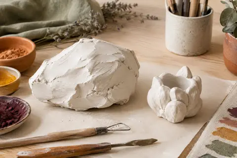 Pâte minérale blanche autodurcissante et petite création en relief sur une table d’atelier.