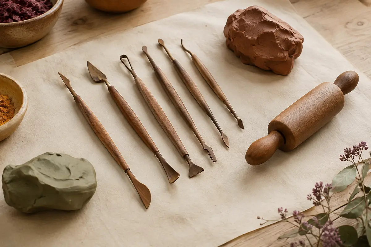 Set de sept outils de modelage en bois marron, avec six outils à double pointe et un rouleau