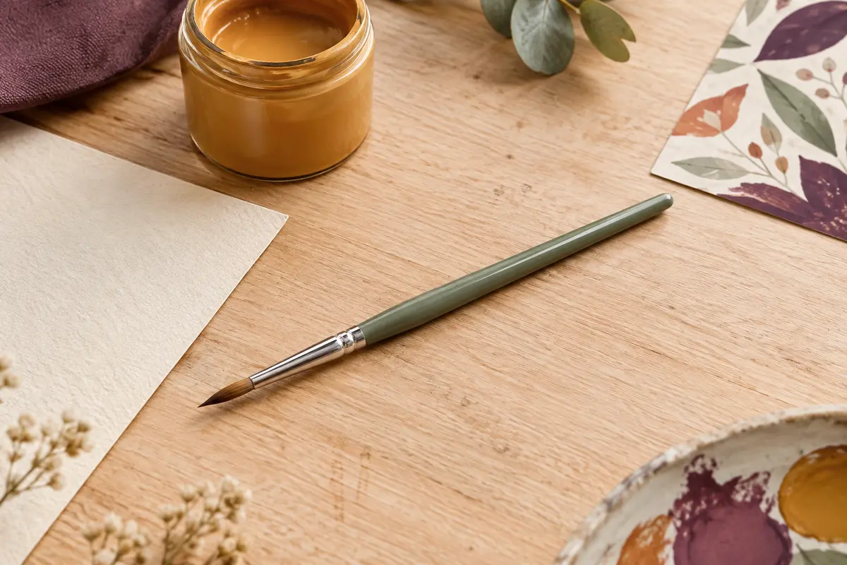 Pinceau fin pour loisirs créatifs posé sur une table d’atelier avec peinture et papier décoratif