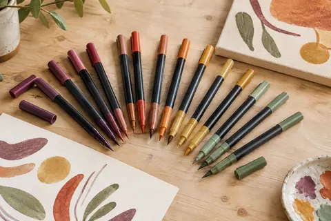 Marqueurs acryliques double pointe aux capuchons colorés disposés sur une table d’atelier avec papier et toile.