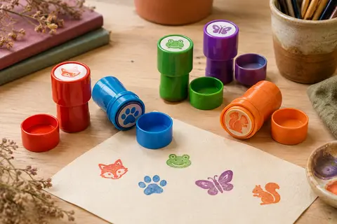Tampons animaux auto-encreurs aux capuchons multicolores disposés près d’empreintes sur du papier crème.