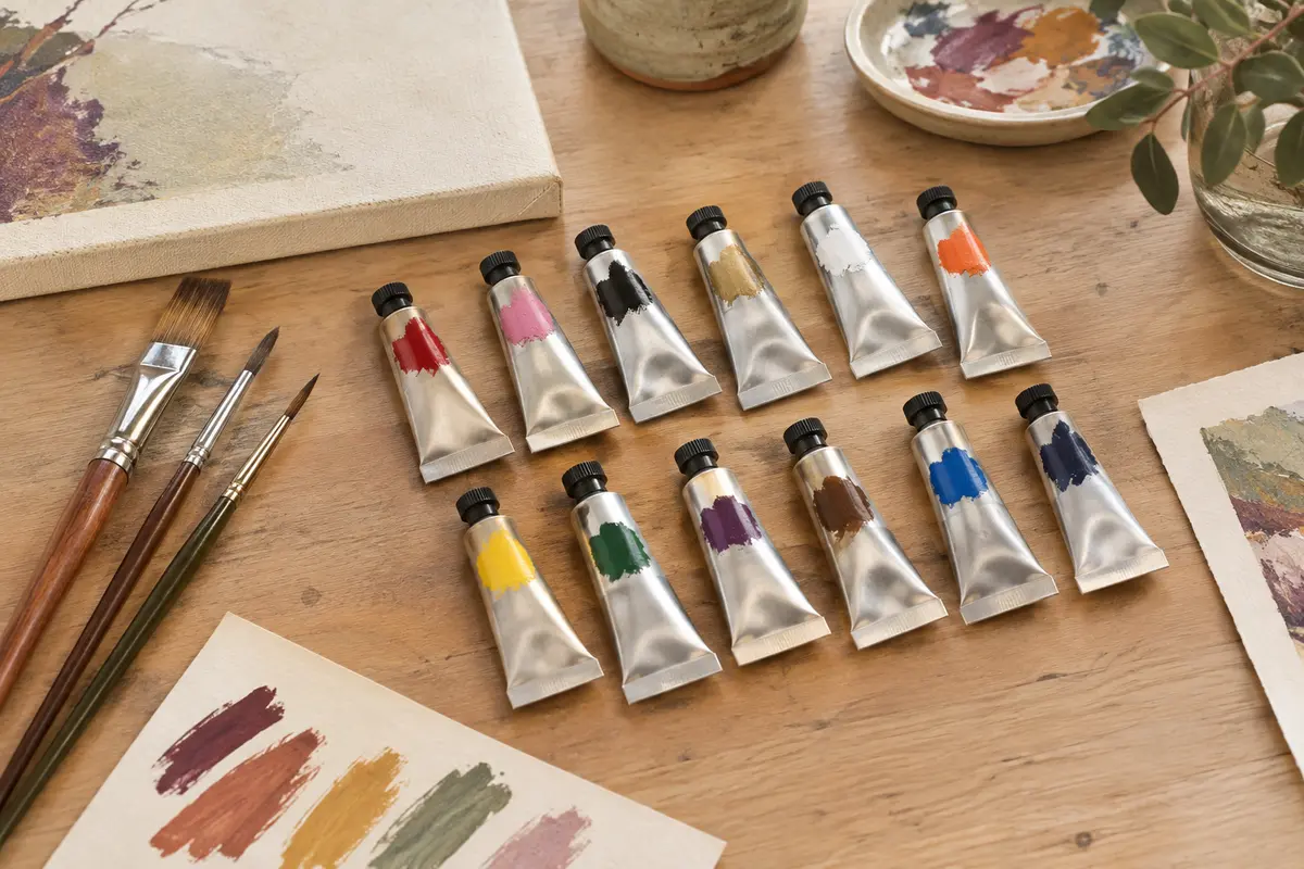 Douze tubes de peinture acrylique et trois pinceaux disposés sur une table d’atelier en bois clair.