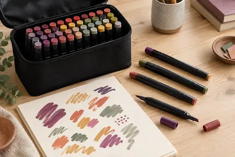 Feutres de dessin double pointe aux capuchons colorés, rangés dans un étui noir sur une table claire