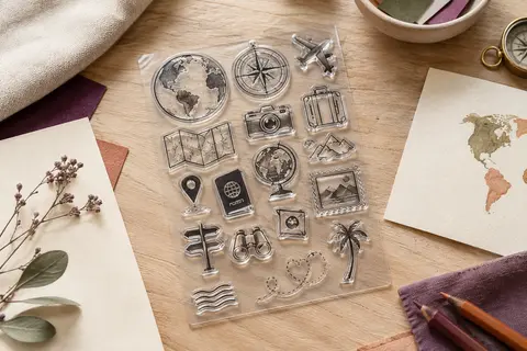 Feuille de tampons transparents aux motifs de voyage posée sur du papier crème et une table en bois clair.