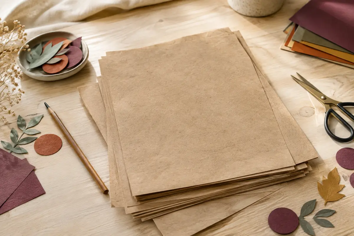 Pile de feuilles A4 au rendu vintage sur une table d’atelier en bois clair, avec des fournitures de scrapbooking
