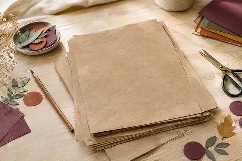 Pile de feuilles A4 au rendu vintage sur une table d’atelier en bois clair, avec des fournitures de scrapbooking