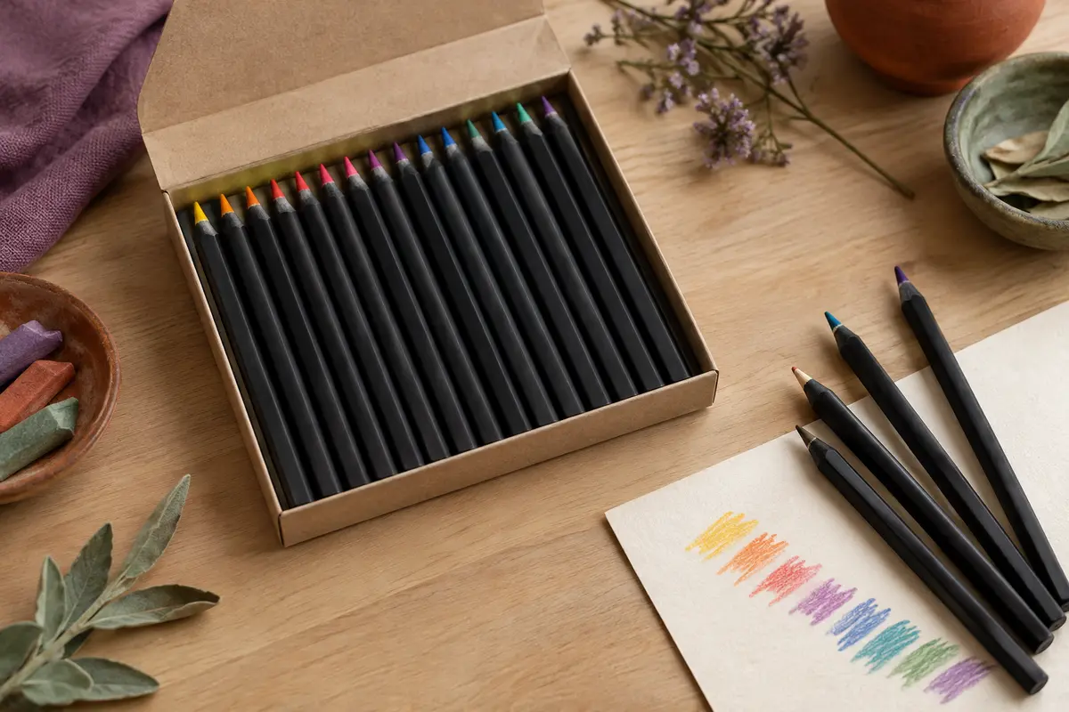 Coffret ouvert de crayons de couleur triangulaires en bois, rangés dans un étui en carton sur une table d’atelier claire.