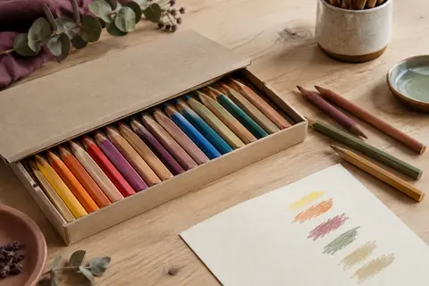 Coffret ouvert de crayons de couleur triangulaires en bois, rangés dans un étui en carton sur une table d’atelier claire.