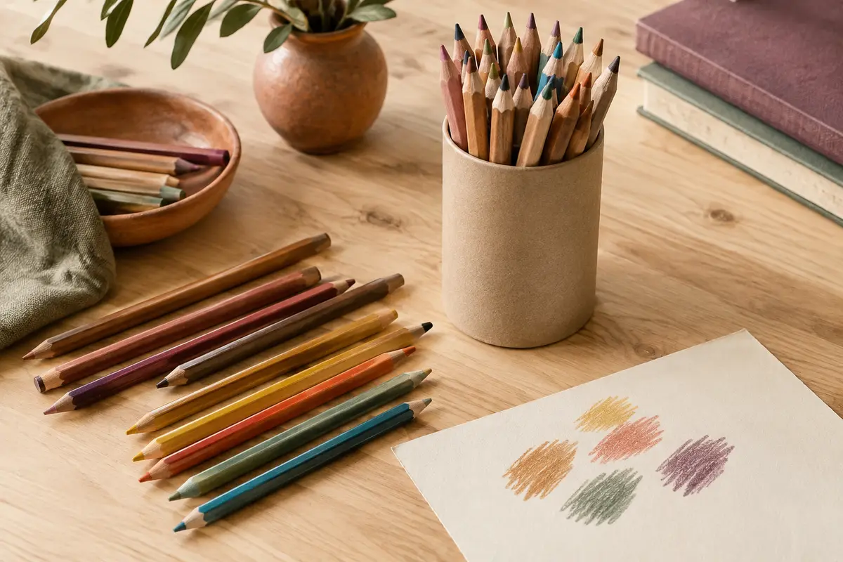 Crayons de couleur hexagonaux multicolores en bois rangés dans un porte-crayons en carton