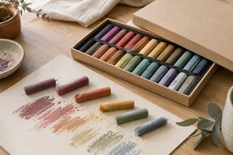 Assortiment de 24 pastels tendres multicolores posé sur du papier crème dans un atelier lumineux.