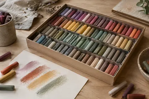 Pastels tendres demi-longs multicolores rangés dans un étui en carton sur une table d’atelier.