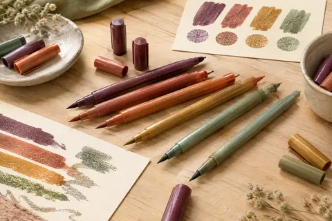 Feutres à paillettes double pointe disposés sur une table claire avec des échantillons de couleurs métalliques.