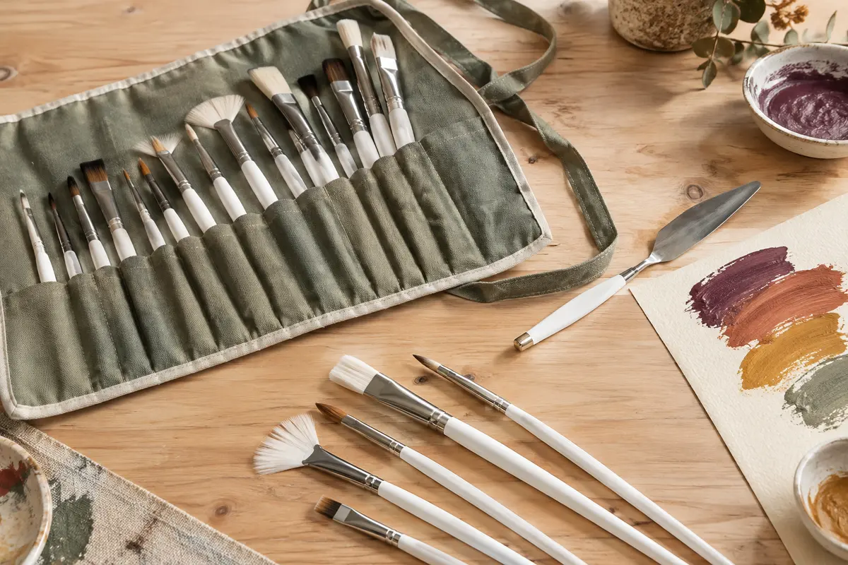 Pinceaux blancs à poils synthétiques, spatule en acier et étui enroulable sur une table d’atelier.