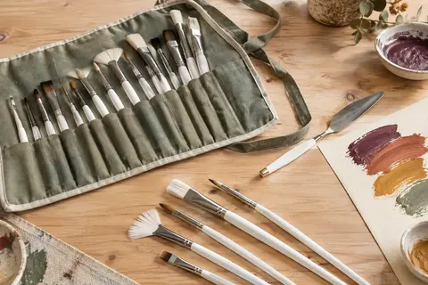 Pinceaux blancs à poils synthétiques, spatule en acier et étui enroulable sur une table d’atelier.