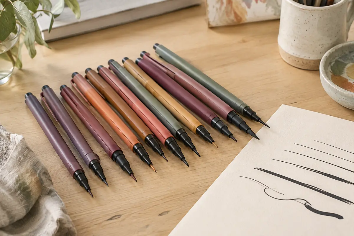 Douze feutres de dessin à pointes variées posés sur du papier crème avec des traits noirs d’essai