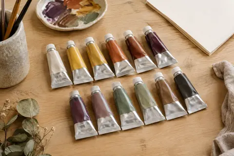 Douze tubes de gouache aux couleurs variées disposés sur une table d’atelier en bois clair
