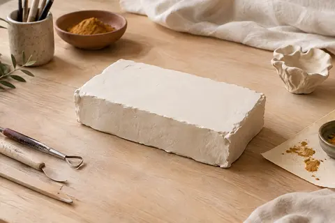 Pain blanc de pâte autodurcissante posé sur une table d’atelier avec quelques outils de modelage.