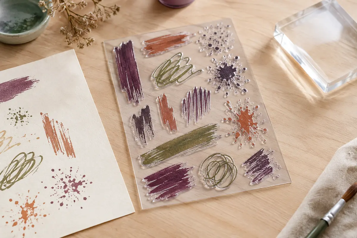 Feuille de tampons transparents en silicone à motifs de coups de pinceau et d’éclaboussures