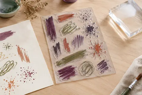 Feuille de tampons transparents en silicone à motifs de coups de pinceau et d’éclaboussures