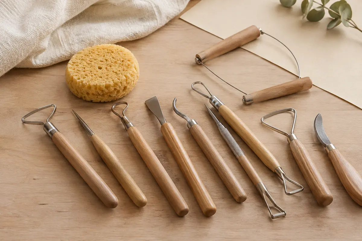 Kit de huit outils de modelage en bois et métal disposés sur une table d’atelier claire