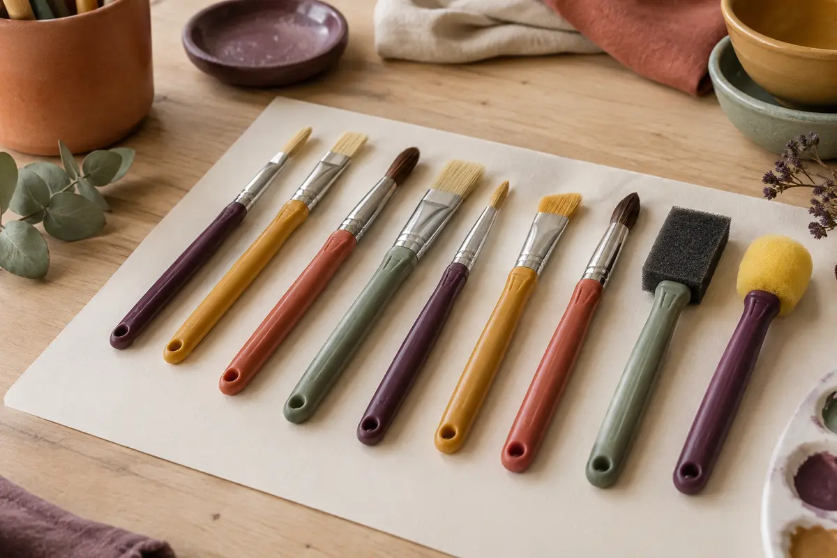 Neuf pinceaux pour enfants aux têtes rondes, plates et en mousse, disposés sur une table d’atelier