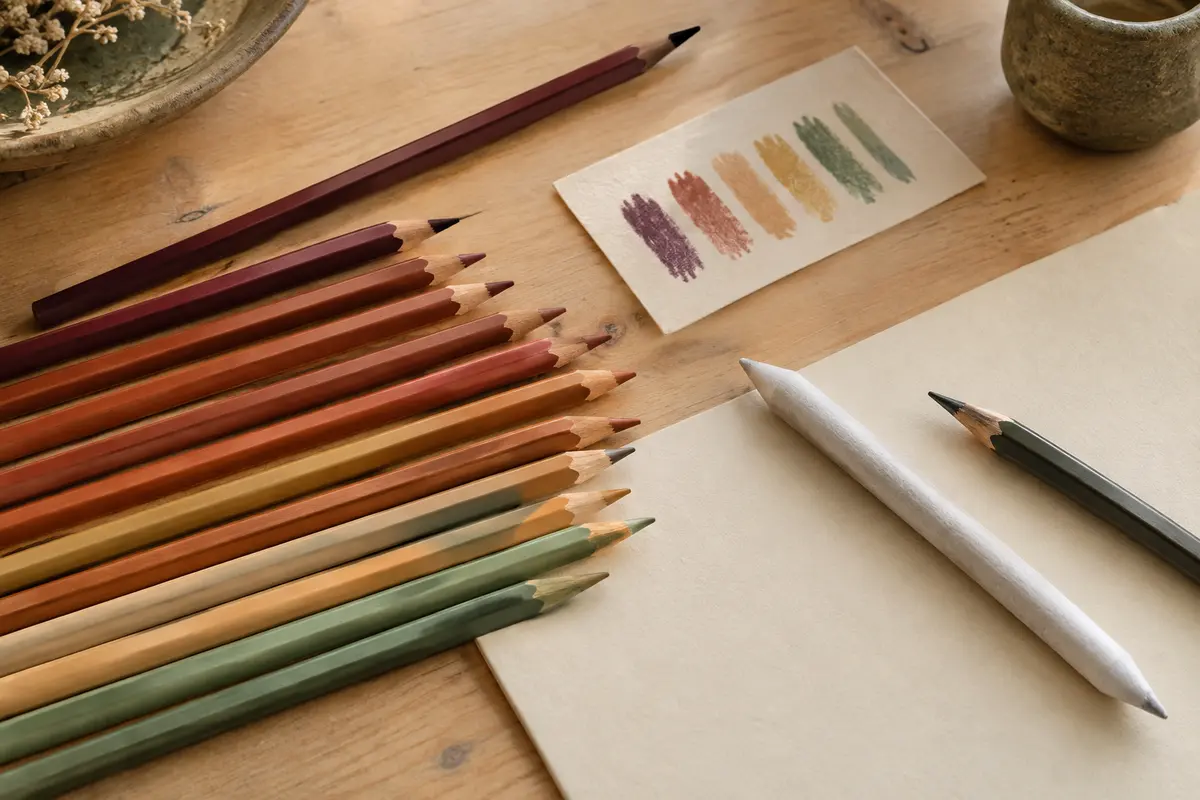 Crayons de couleur Hiforny, estompeur, crayon HB et carte d’échantillons disposés sur une table claire.