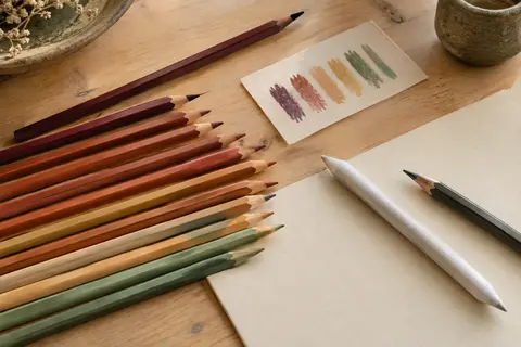 Crayons de couleur Hiforny, estompeur, crayon HB et carte d’échantillons disposés sur une table claire.