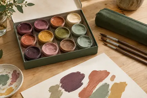 Coffret vert de gouache en gel ouvert avec ses pots colorés, sa palette et trois pinceaux sur une table claire.