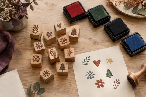 Petits tampons de Noël en bois et quatre encreurs colorés disposés sur du papier crème