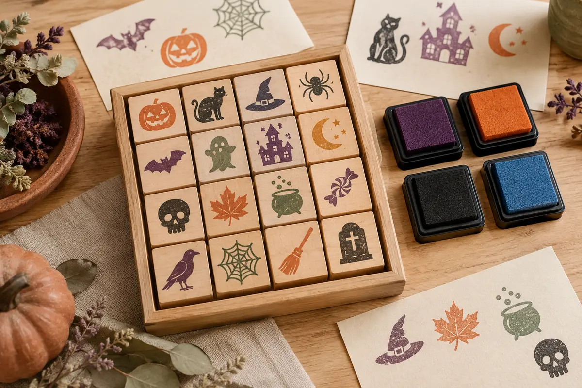Seize tampons en bois aux motifs d’Halloween et quatre encreurs colorés sur une table d’atelier claire.
