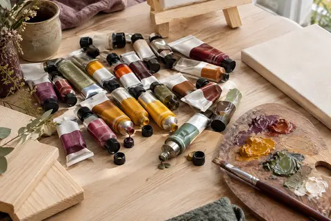 Tubes de peinture acrylique aux couleurs vives avec un pinceau, une toile écrue et des supports en bois