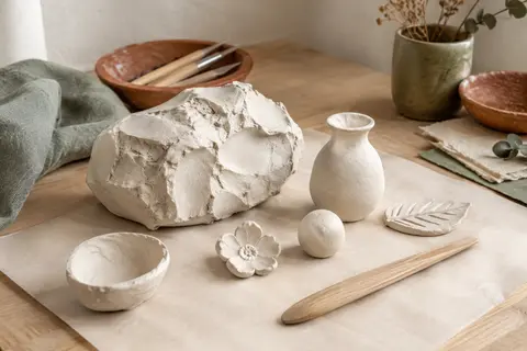 Pâte d’argile blanche à modeler et formes en relief disposées sur une table d’atelier en bois clair.