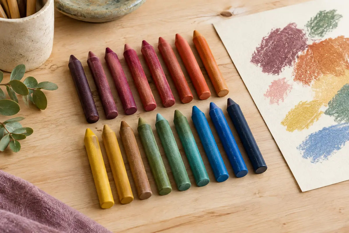 Crayons ronds en cire aux couleurs assorties disposés sur une feuille de papier crème