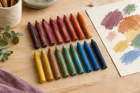 Crayons ronds en cire aux couleurs assorties disposés sur une feuille de papier crème
