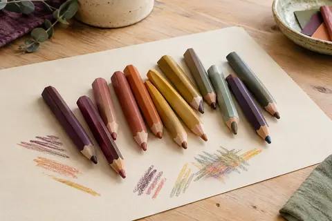 Douze crayons de couleur triangulaires aux teintes assorties disposés sur du papier crème