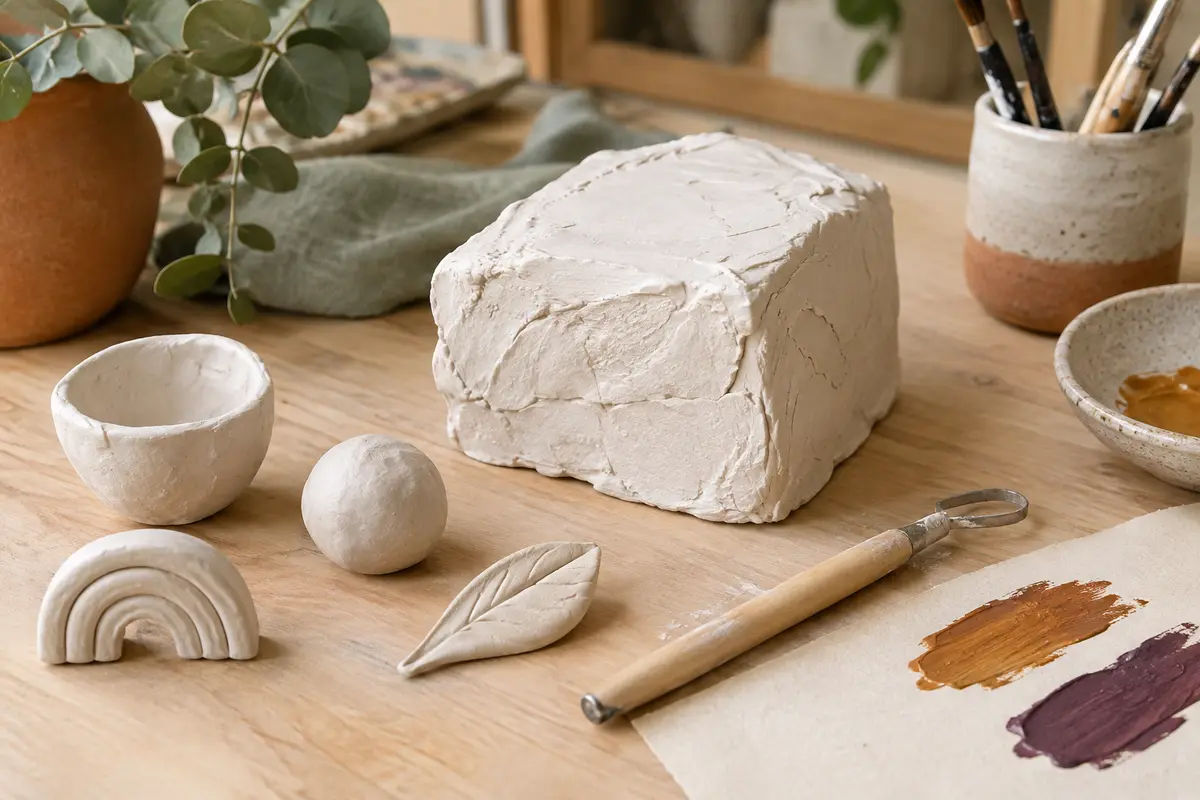 Pâte autodurcissante blanche et petites formes modelées sur une table d’atelier en bois clair.
