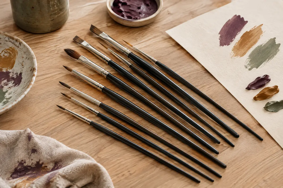 Pinceaux d’artiste à manches noirs et pointes en nylon disposés sur une table d’atelier claire