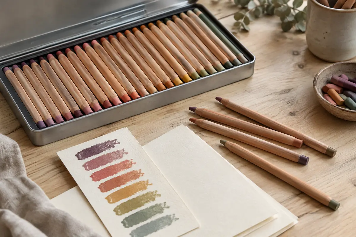 Coffret ouvert de crayons pastels en bois disposés près d’un nuancier vierge sur une table claire.