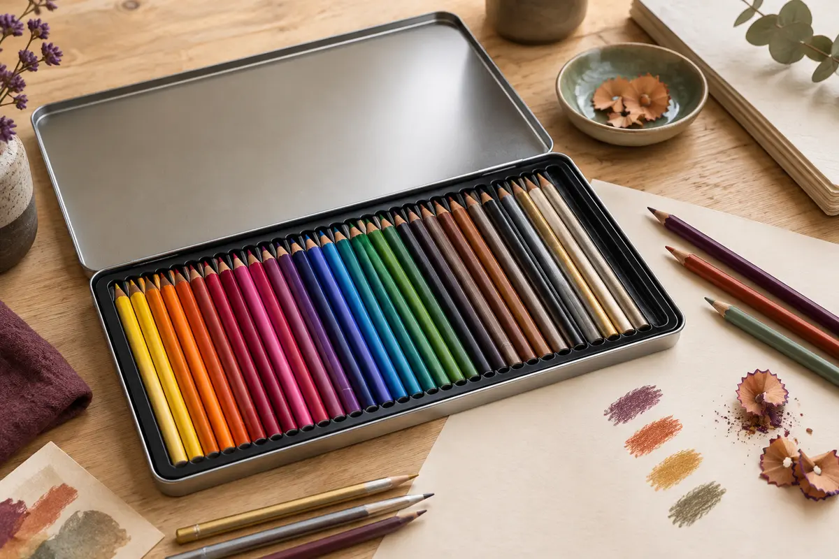 Coffret ouvert de crayons de couleur aux mines douces, rangés dans un plateau sur une table d’atelier claire.