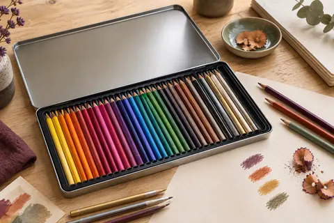 Coffret ouvert de crayons de couleur aux mines douces, rangés dans un plateau sur une table d’atelier claire.