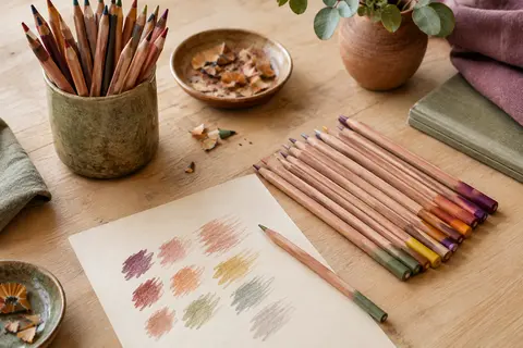 Crayons de couleur multicolores en bois disposés sur une table claire près d’une feuille de papier crème