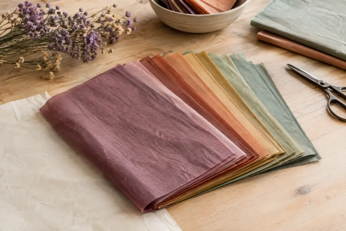 Feuilles de papier de soie coloré Kesote disposées en éventail sur une table d’atelier claire.